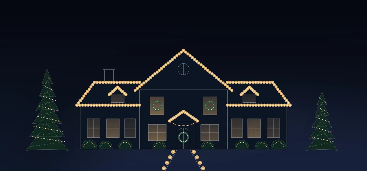 Line drawing of a lit two-story Barrington home with warm white lights on the roofline, trees and a long driveway.